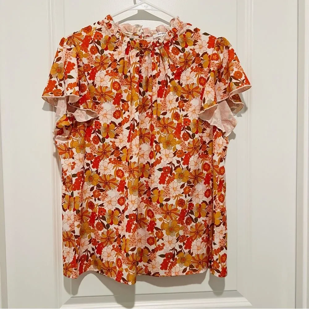 SimpleFun Women's Boho Top Floral Ruffle Short Sleeve Mock Neck Flowy Size Large - Picture 2 of 9